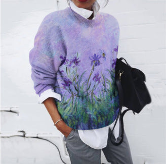 Chic Digital Print Round Neck Knit Sweater