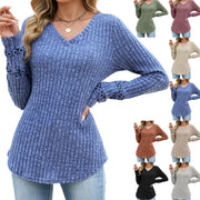Elegant Long‑Sleeve V‑Neck Lace Panel Top – Relaxed Fit