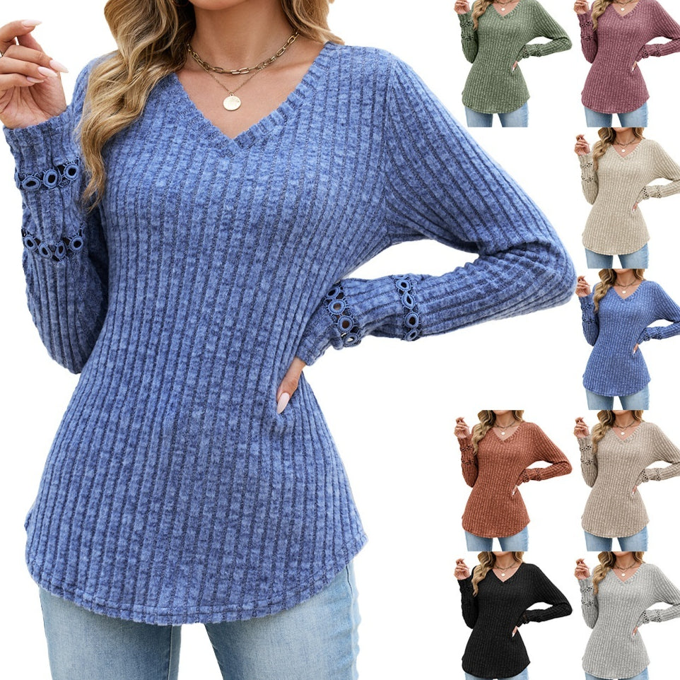 Elegant Long‑Sleeve V‑Neck Lace Panel Top – Relaxed Fit