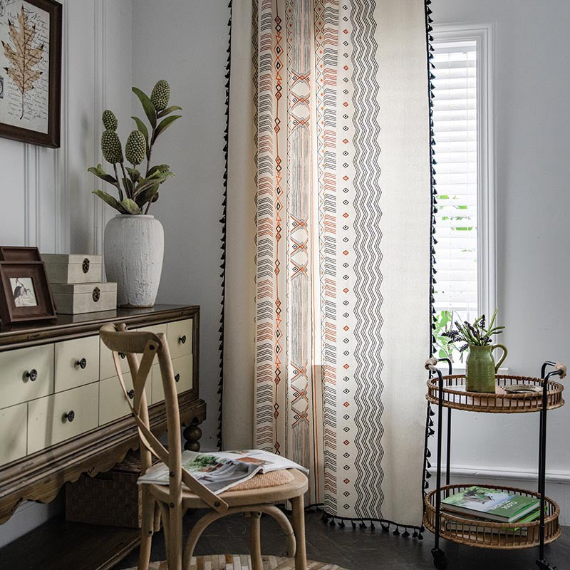 Boho Cream Cotton and Linen Print Sun Shade Non-punched Curtain Fabric
