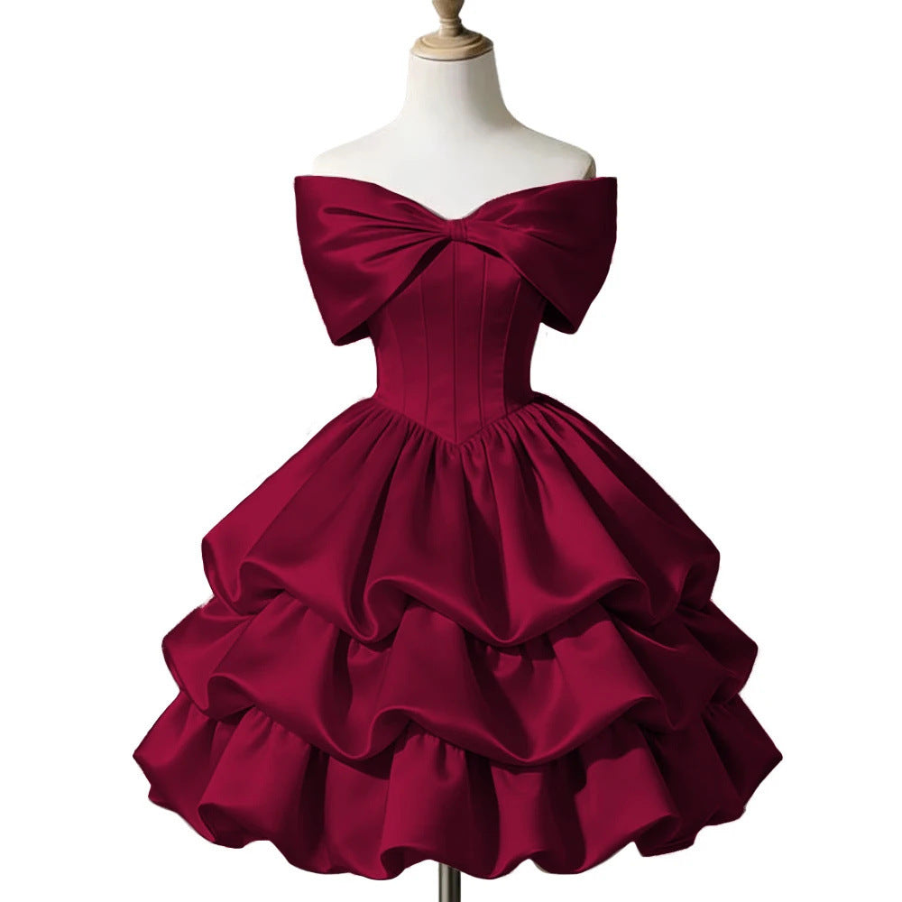 One-shoulder Satin Puff Skirt with a Bow Short-length Waist-cinching Designperfect for Everyday Wear