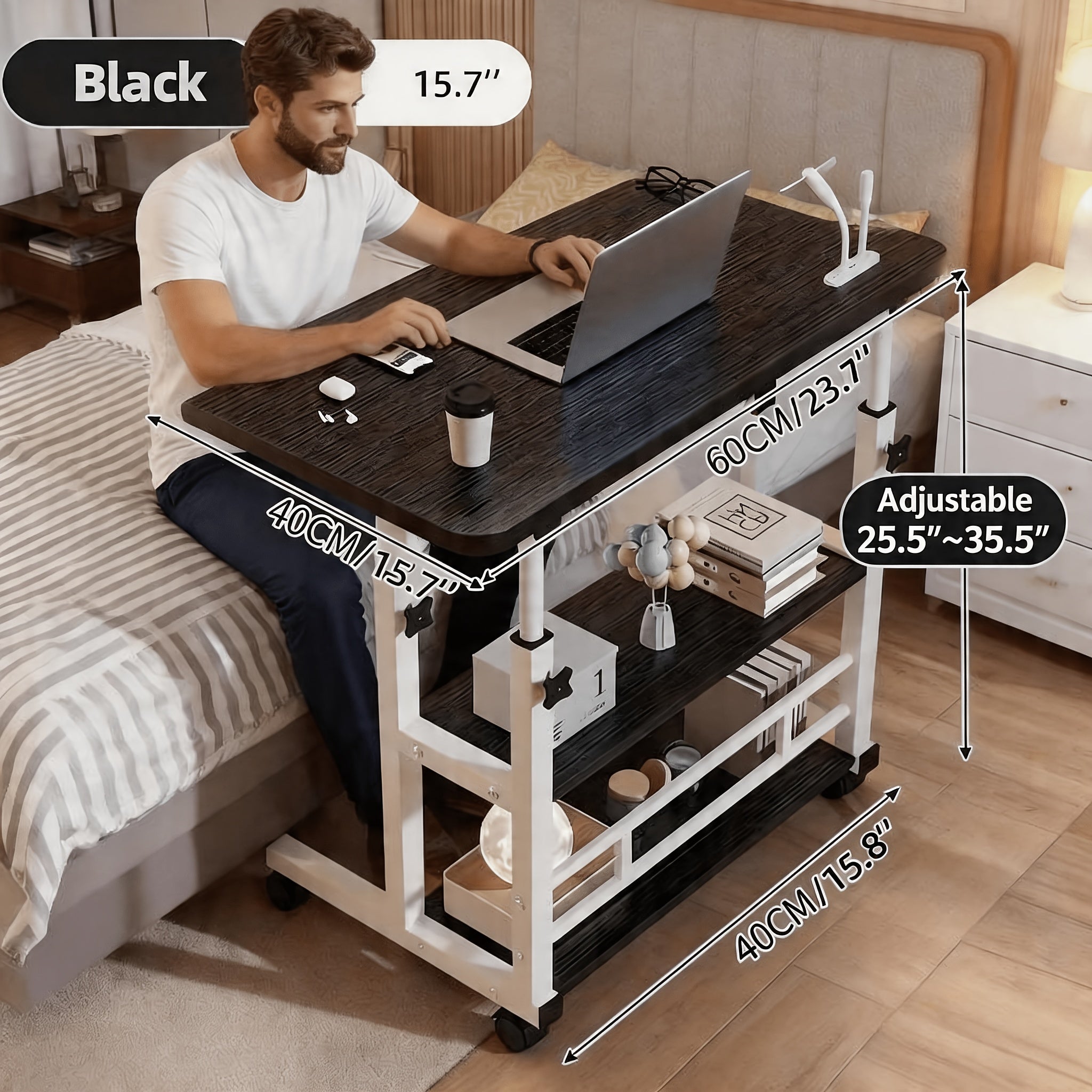 Height‑Adjustable Bedside Computer Desk, 23‑35 in Height, Single‑Layer and Three‑Layer Storage Options, Omnidirectional Casters