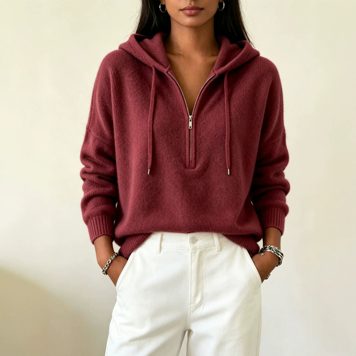 Womens Solid-color Loose-fit Sweater with Drawstring