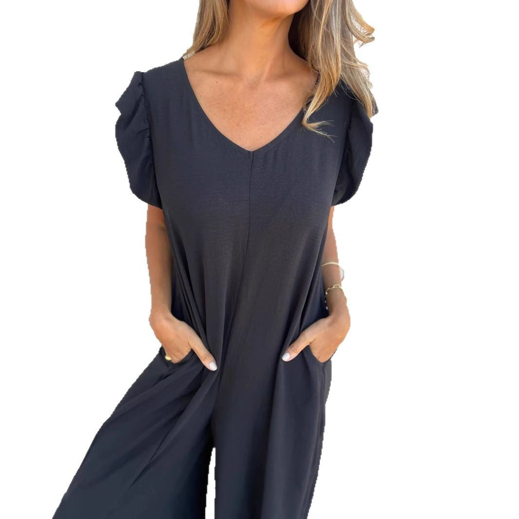 Women's V-neck Backless Loose Wide-leg Jumpsuit