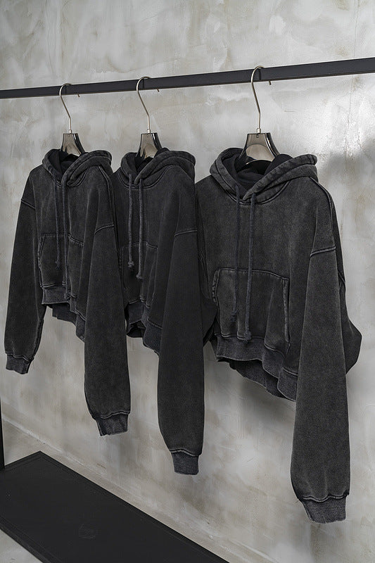 Vintage Washed Plush Shorts Hooded Women's Sweater