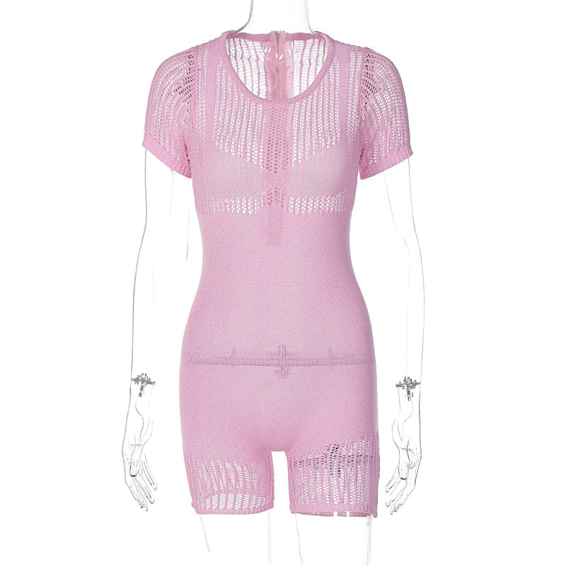Women's Ribbed Knit Zip-Front Hip-Lifting Romper