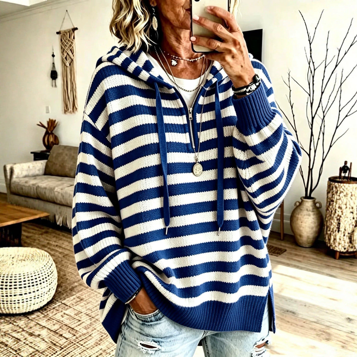 Retro Color-block Striped Half-zip Sweater with a Mock Neck