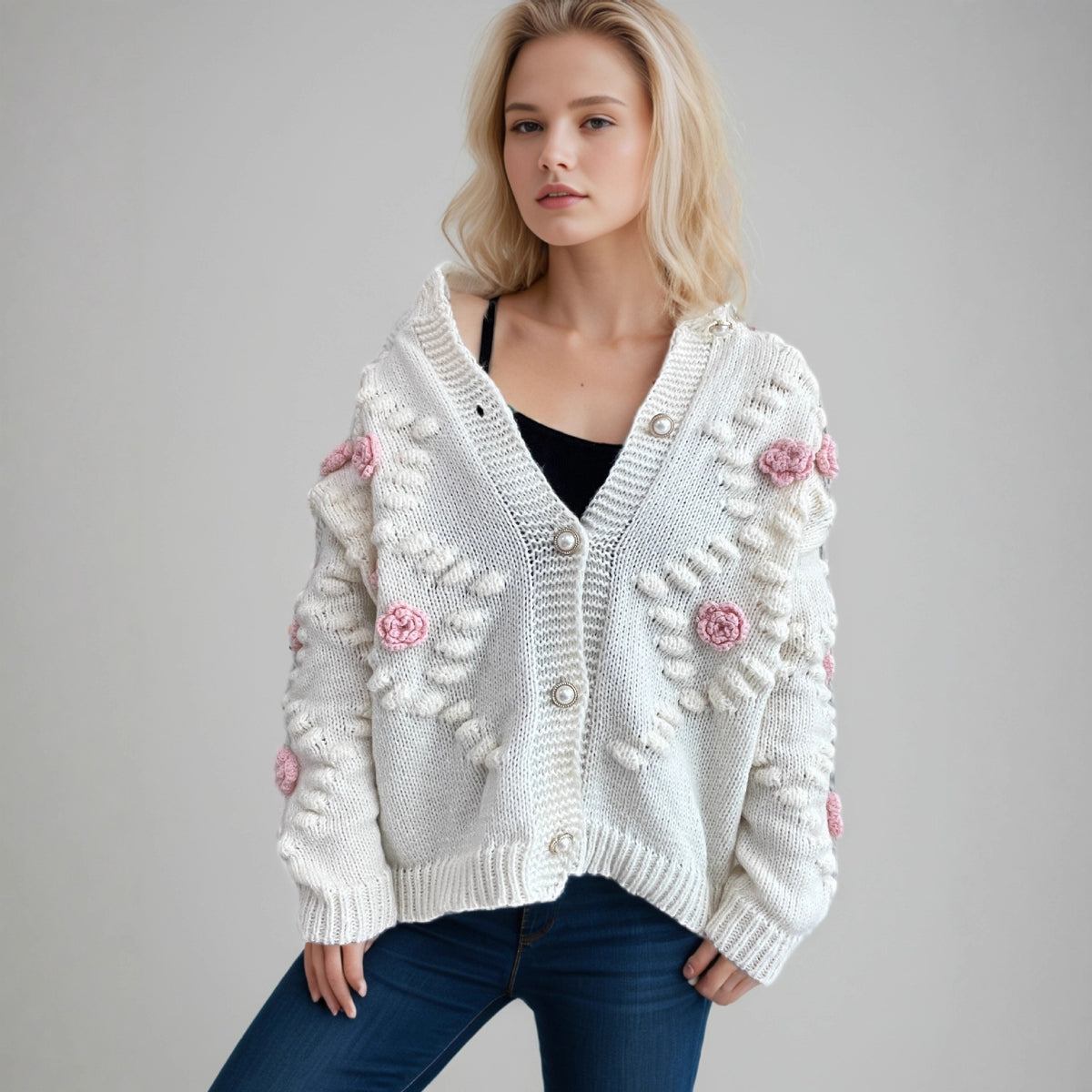 Women's Casual and Relaxed New Knitted Floral Cardigan
