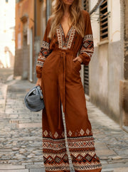 Boho V-Neck Long-Sleeve Wide-Leg Jumpsuit