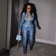 Chic Denim-Print Full-Length Jumpsuit with Pockets