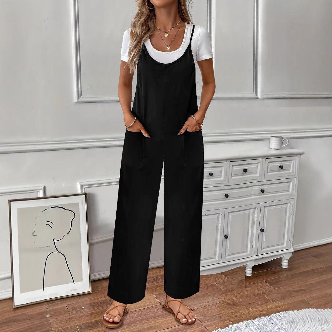 Solid Color Casual Suspender Jumpsuit Women's Clothing