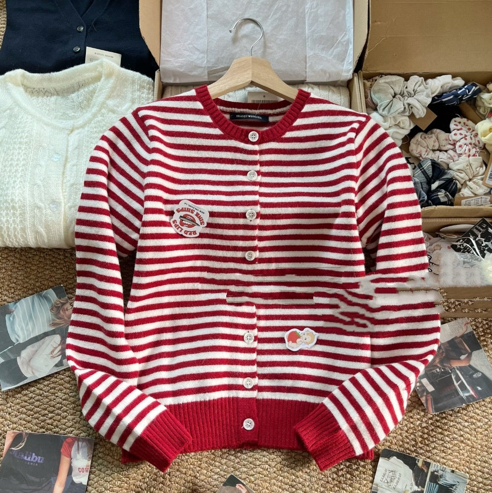 Korean-style Red Striped Knit Cardigan for Women in Autumn