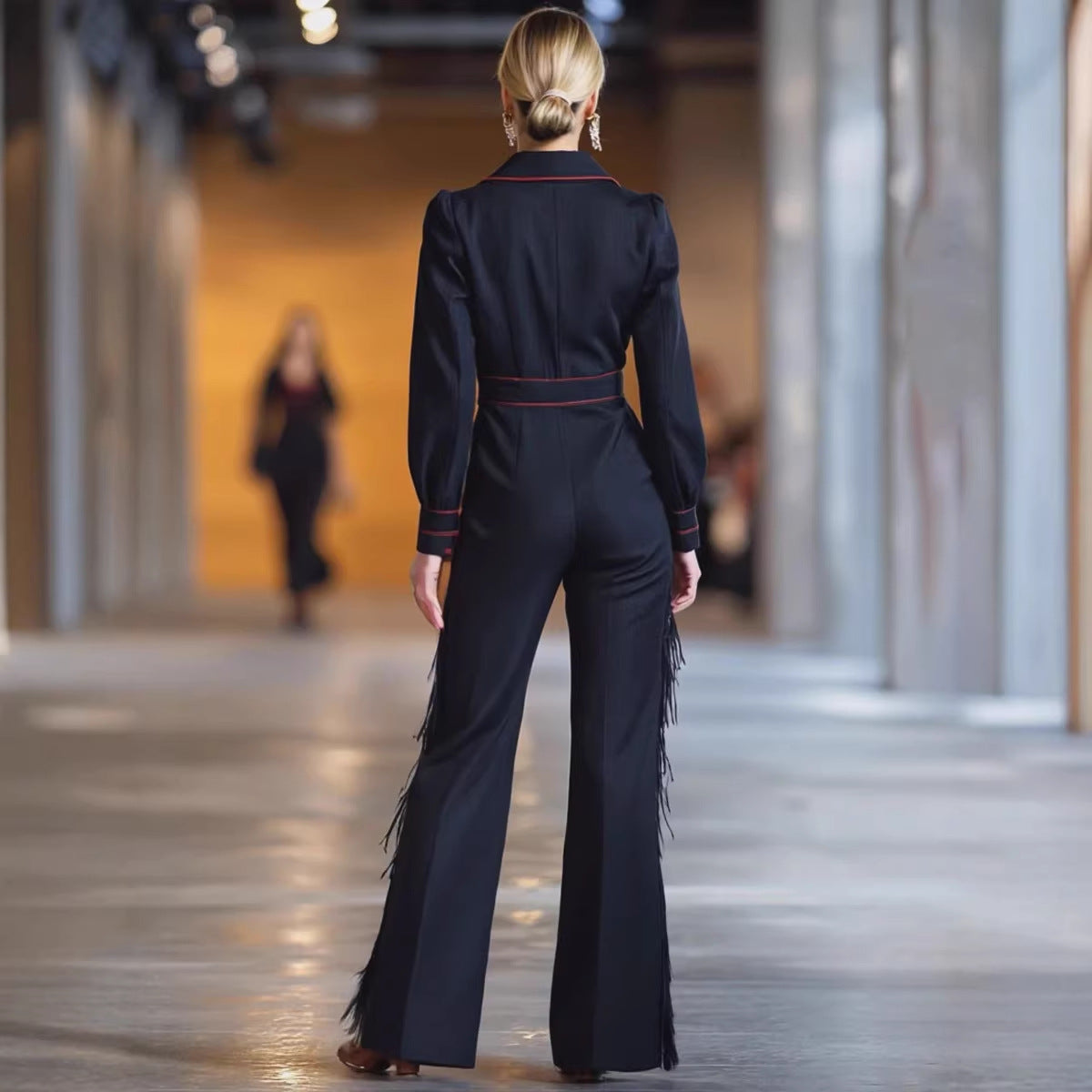 Long-Sleeve Tassel Flared Jumpsuit