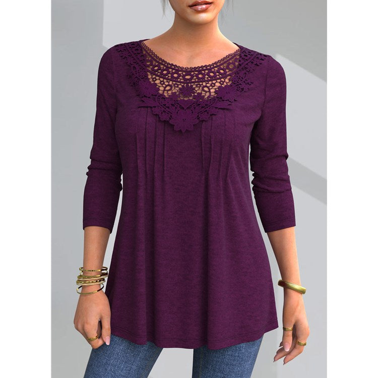 Women's Plus Size Lace Long Sleeve Loose Autumn T-Shirt