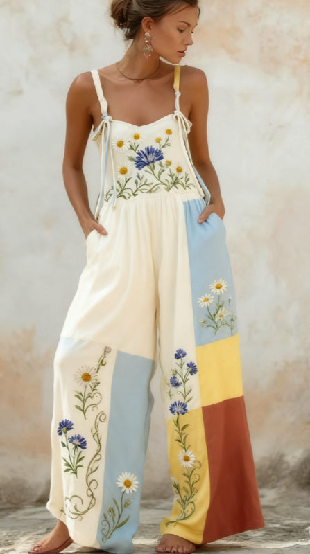 Bohemian Style Rose Embroidered Floral Patchwork Jumpsuit