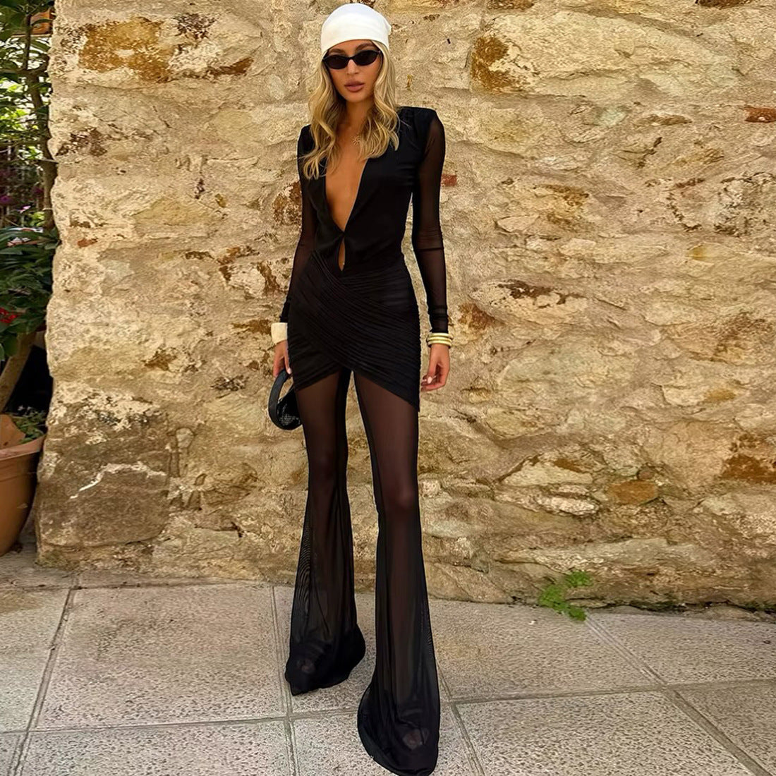 Sheer Mesh Cross-V Bodycon Jumpsuit