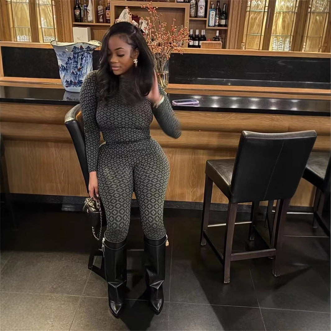 European And American Fashion Slim Elastic Printed Long-sleeved Round Neck Jumpsuit