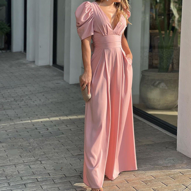Elegant Plus Size Wide Leg Jumpsuit with Puff Sleeves