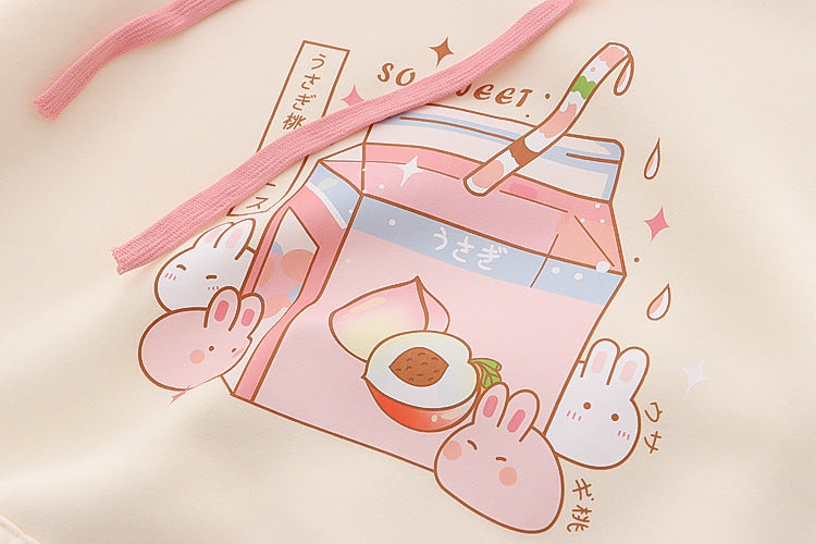 Cute Peach Bunny Fleece Pullover Hoodie