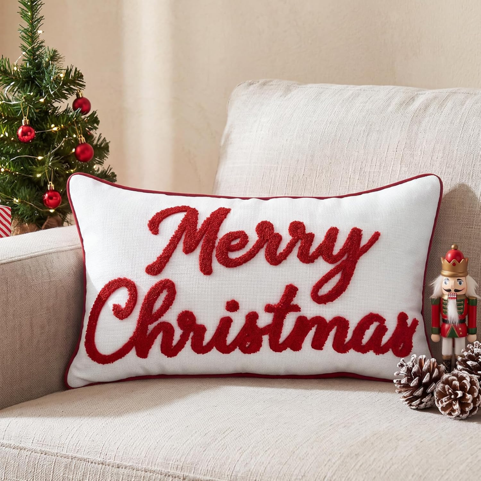 Merry Christmas Embroidered Throw Pillow Cover, Holiday Lumbar Cushion Case for Sofa Couch