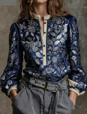 Stand-up Collar Puff Sleeve Casual Long-sleeved Retro Shirt
