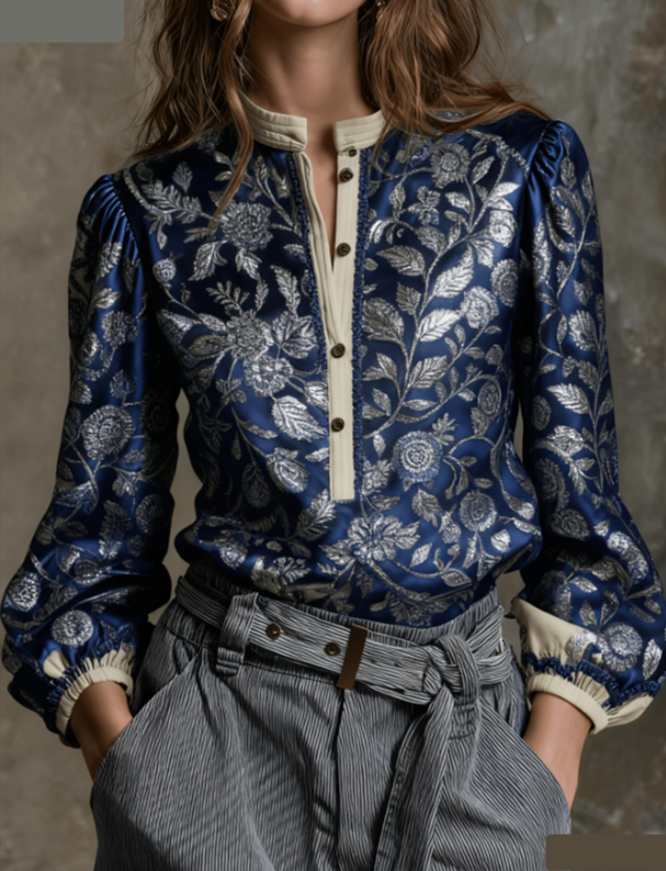 Stand-up Collar Puff Sleeve Casual Long-sleeved Retro Shirt