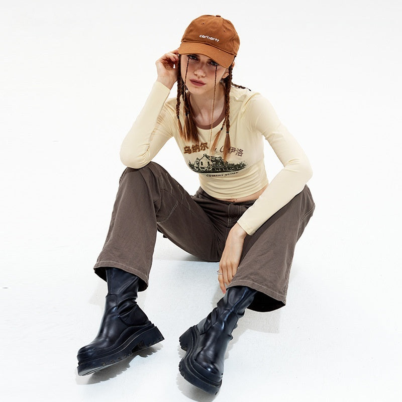 Retro Letter Print Slim Long Sleeve Cotton Bottoming Shirt