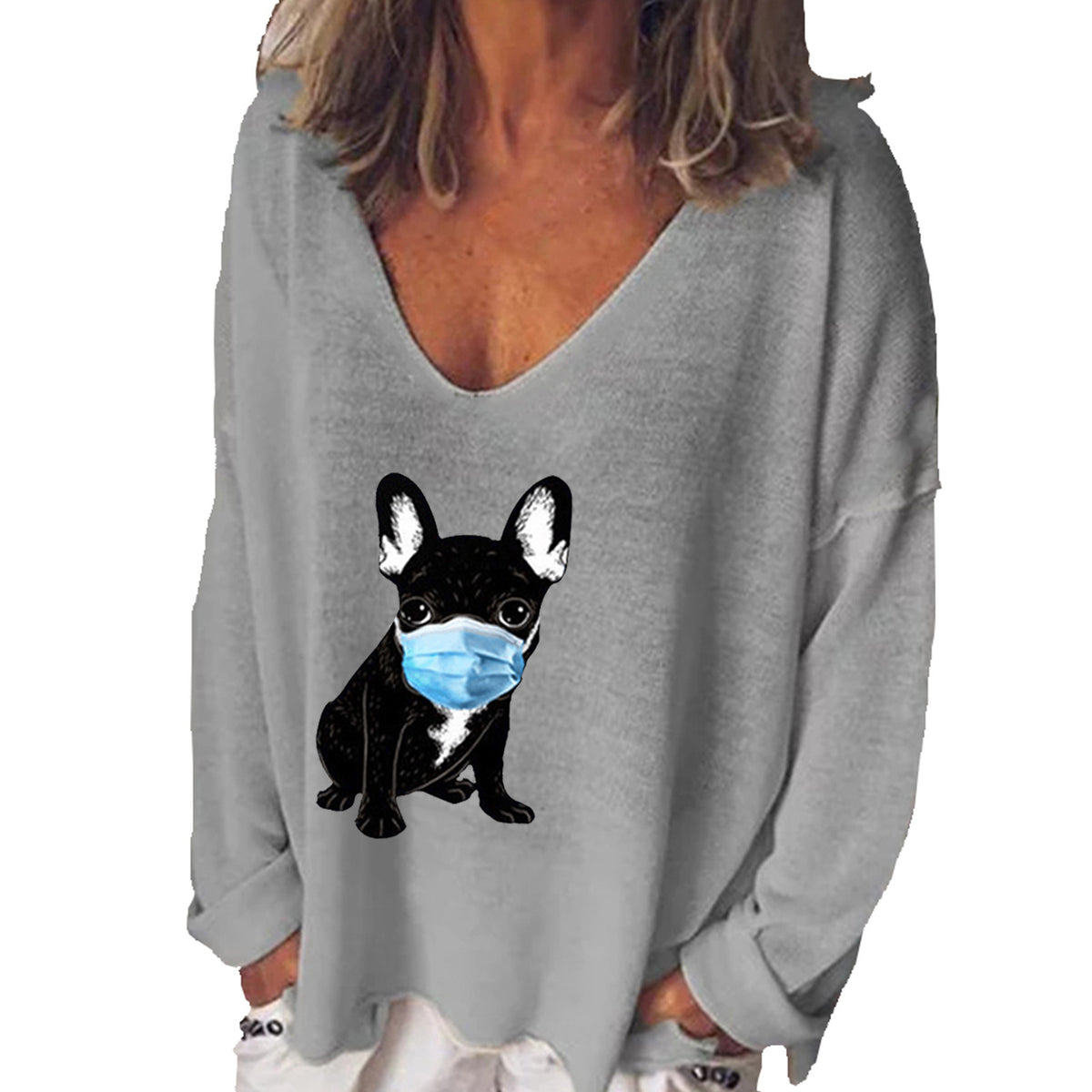 Cute Puppy Print V-Neck Long Sleeve Women's T-Shirt