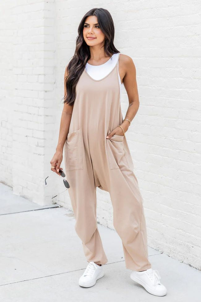 Women's Loose Solid Color Suspender Overalls with Pockets