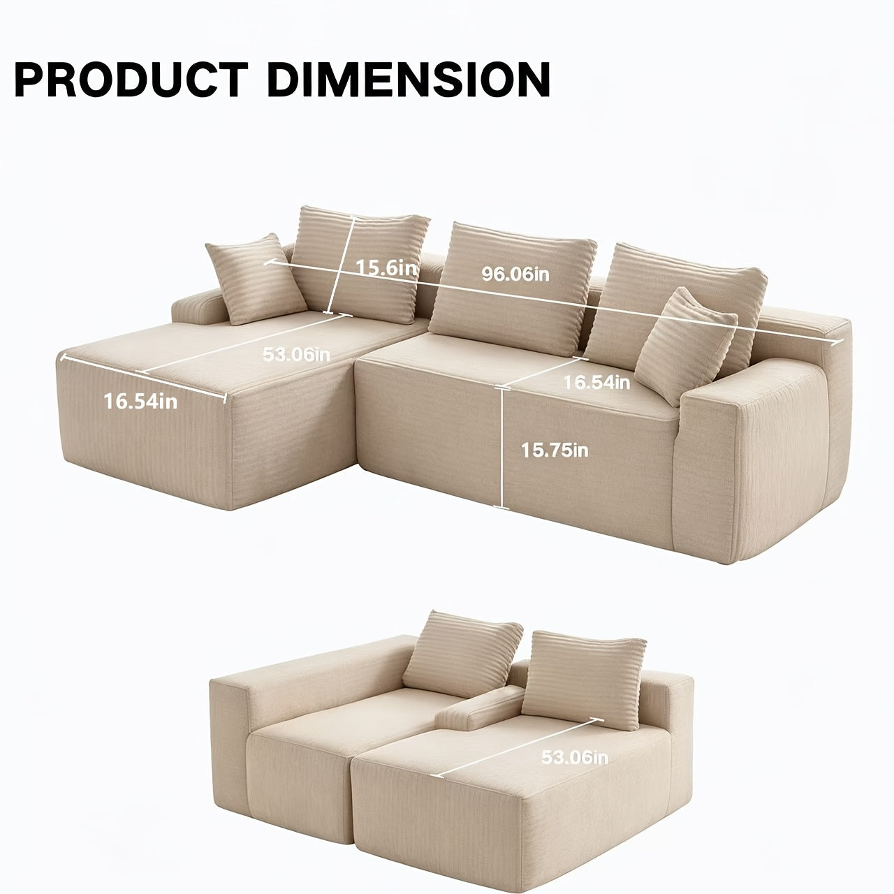 Left chaise L-shaped sectional sofa with memory foam cushions and corduroy upholstery