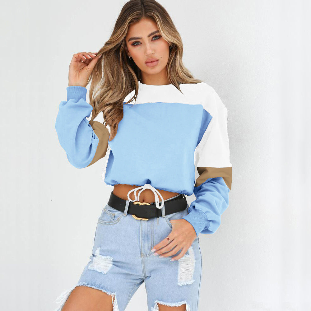 Cozy Patchwork Round Neck Lace-Up Sweater