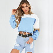 Cozy Patchwork Round Neck Lace-Up Sweater