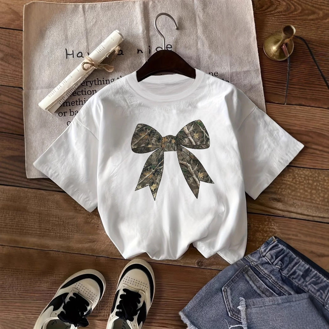 Retro Digital Bow Tie Short Sleeve Top – Trendy Casual Tee