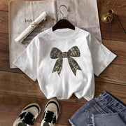 Retro Digital Bow Tie Short Sleeve Top – Trendy Casual Tee