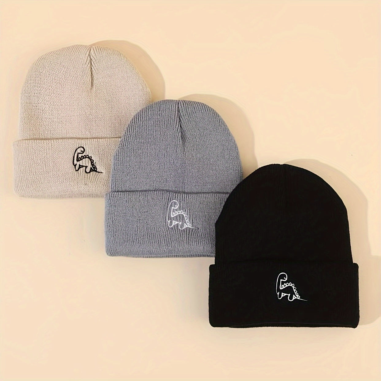 3‑Piece Mini Dinosaur Embroidered Knit Beanie Set – Brimless Warm Hat for 0‑3 Years