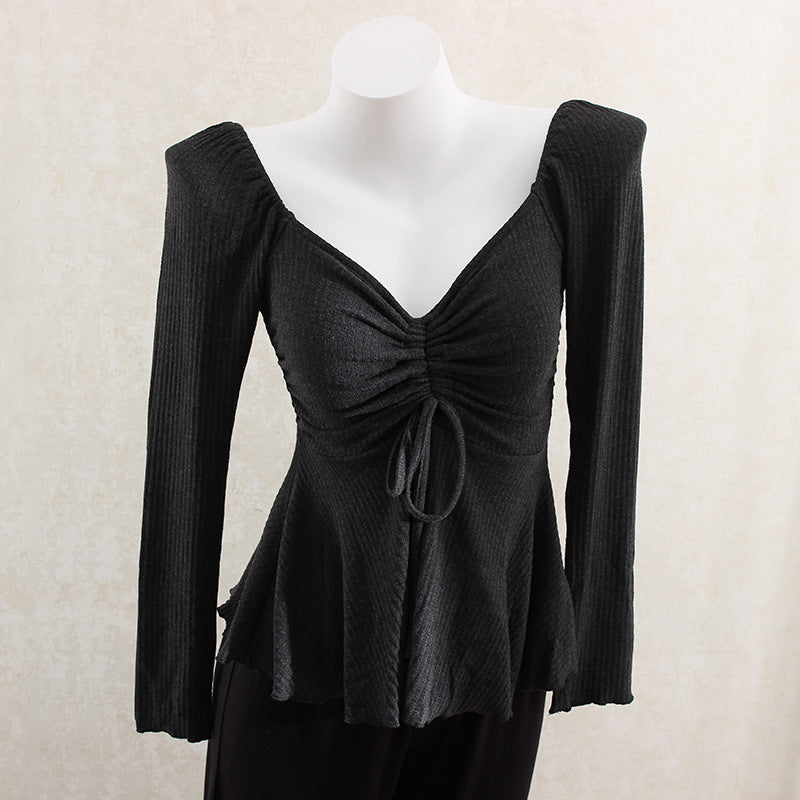 Chinese Gentle Knitted Drawstring V-neck Bottoming Shirt T-shirt Shoulder Slimming Slim Top