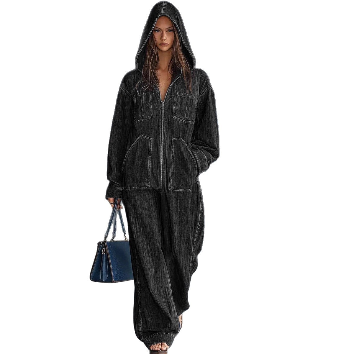 Women's Hooded Denim Overalls Casual Jumpsuit