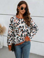 Chic Printed Lantern Sleeve Drop-Shoulder Sweater
