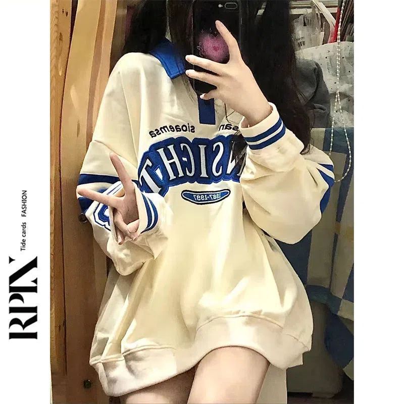 Retro Japanese Color-Block Loose Long Sleeve Pullover Sweatshirt