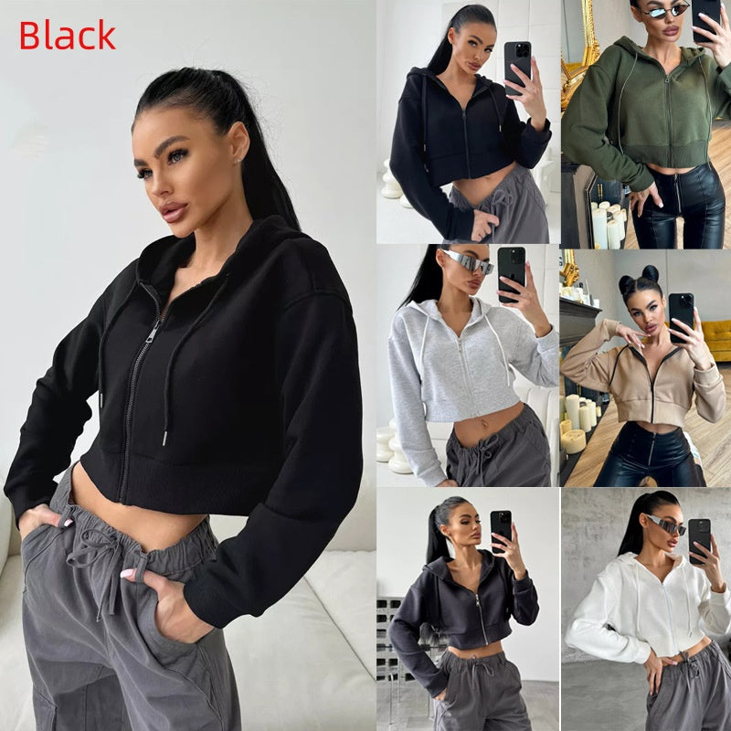 Trendy Cropped Zip-Up Hoodie with Drawstring