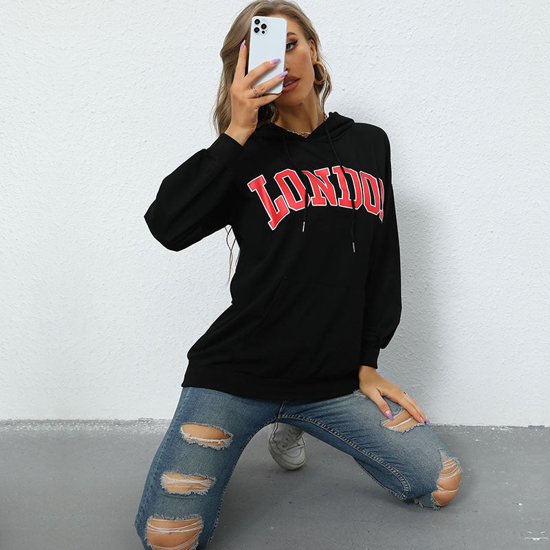 Women's Letter Print Casual Hooded Pullover Sweatshirt