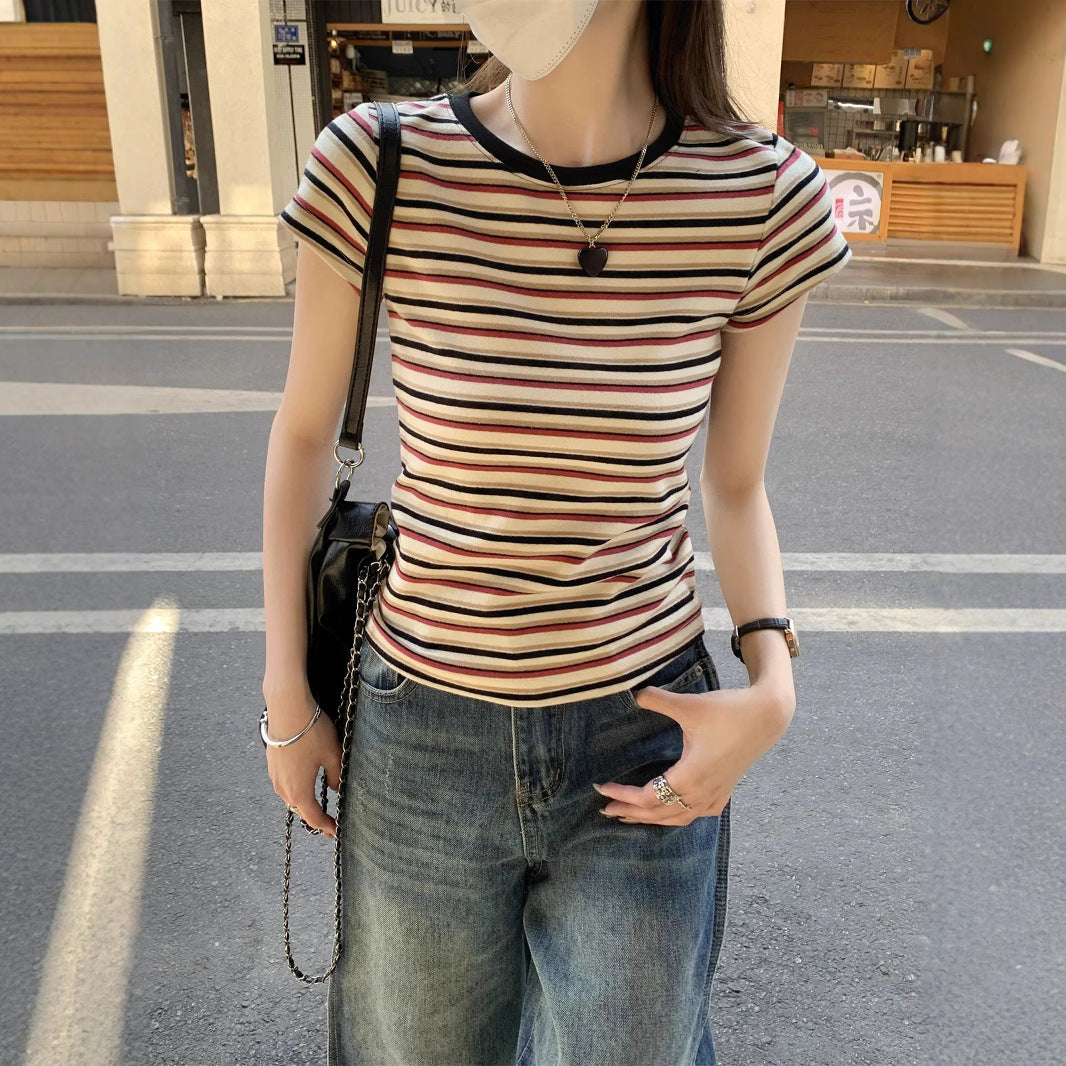 Vibrant Stripe Short-Sleeve Top – Slim Fit, Comfortable & Stylish