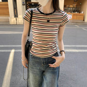 Vibrant Stripe Short-Sleeve Top – Slim Fit, Comfortable & Stylish