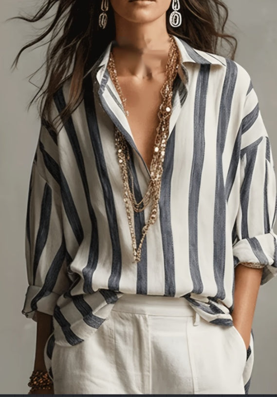 French Retro Oversized Striped Lapel Top – Casual Loose‑Fit Shirt