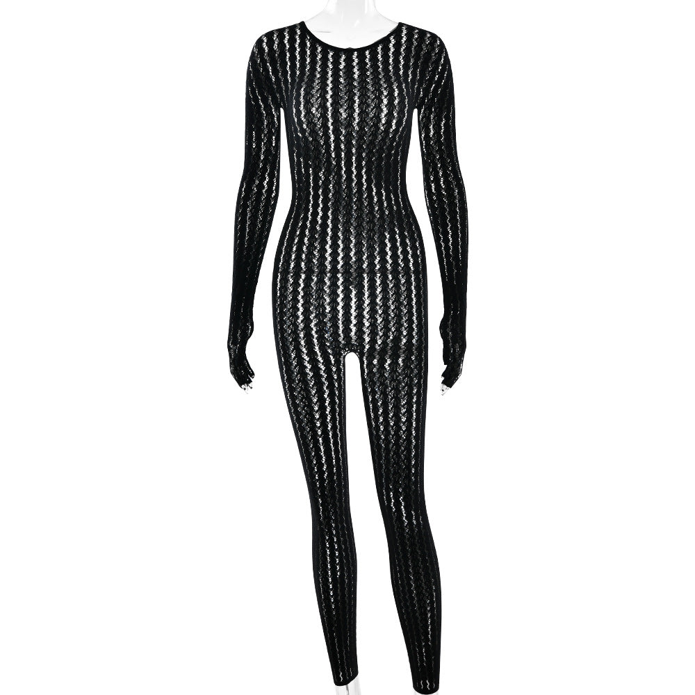 Striped Jacquard Long-Sleeve Slim Fit Jumpsuit