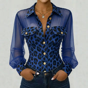 Leopard-print Patchwork Mesh Blouse With Pockets And Buttons