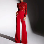 Long-sleeve Belted Jumpsuit With Flared Pants