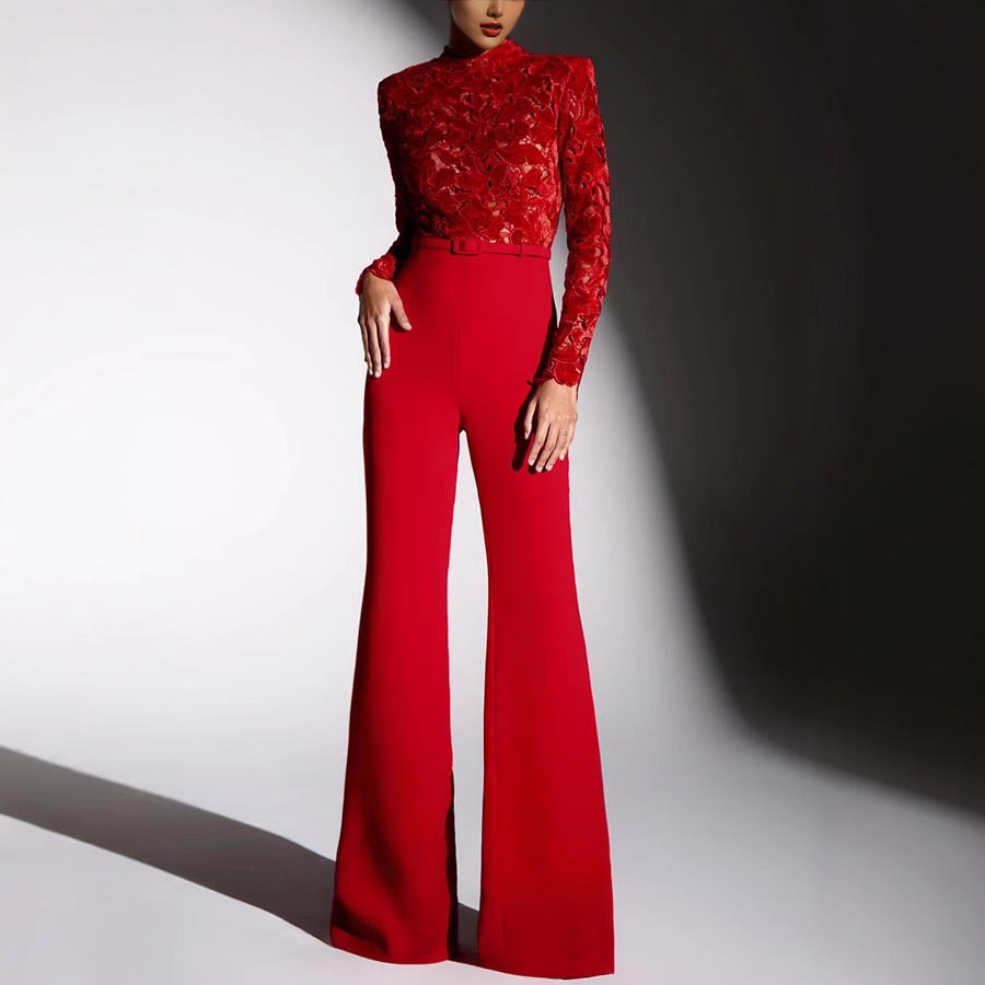 Long-sleeve Belted Jumpsuit With Flared Pants