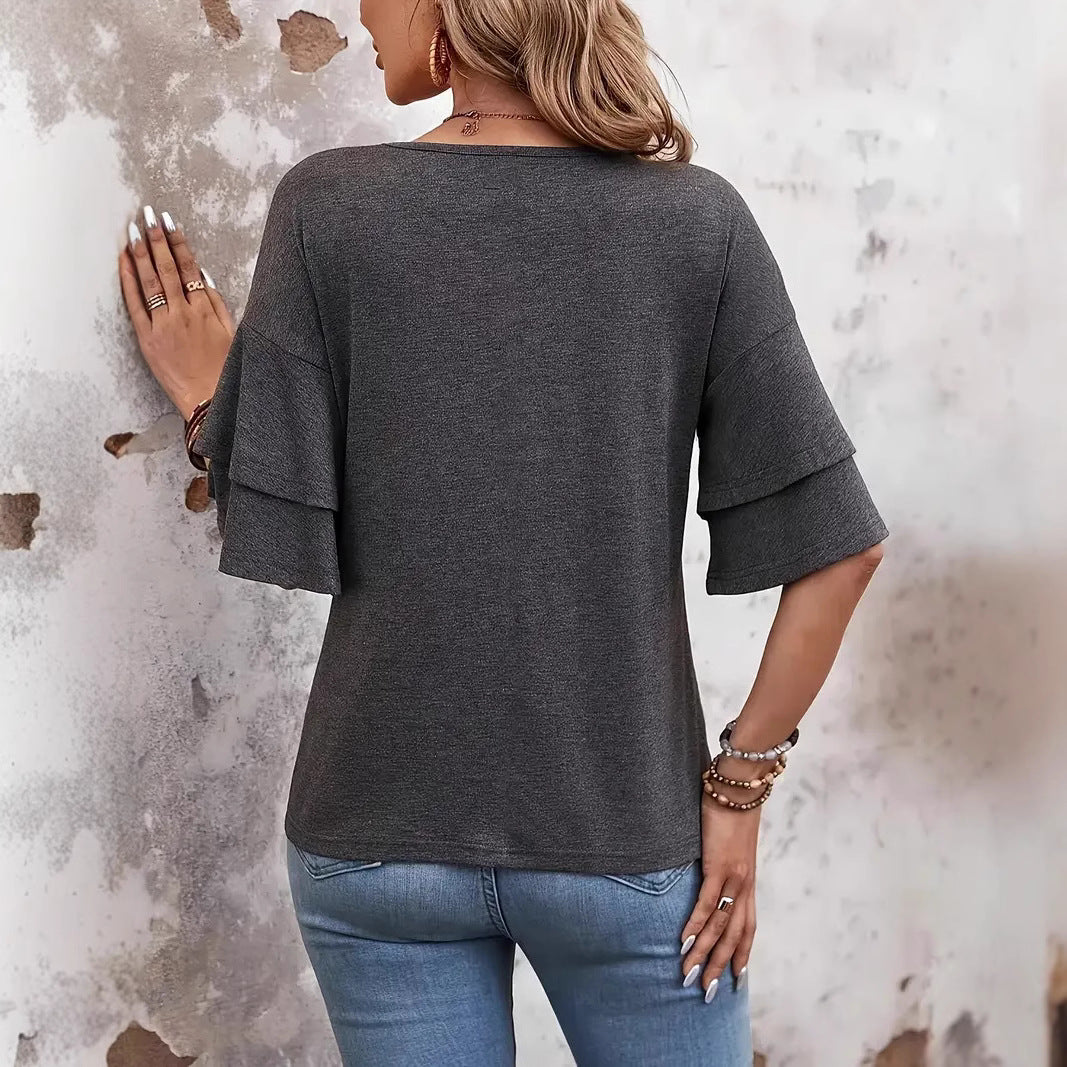Women's V-Neck Flounce Casual T-Shirt