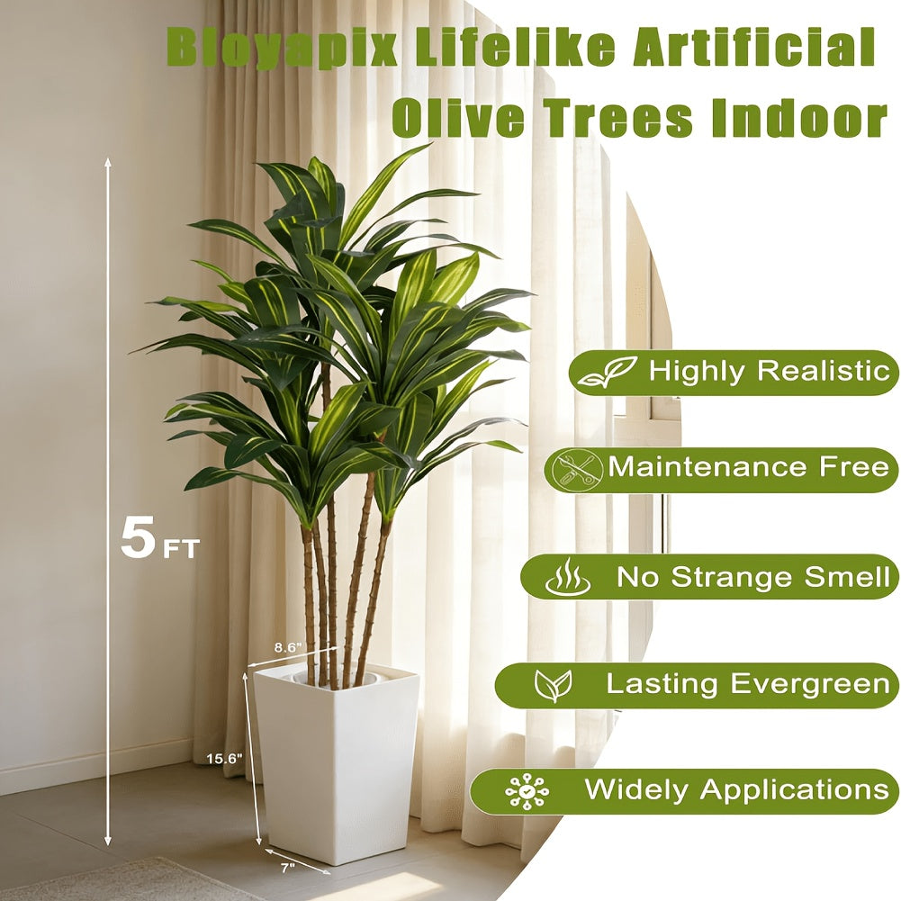 Large faux dracaena tree with white planter and moss finish